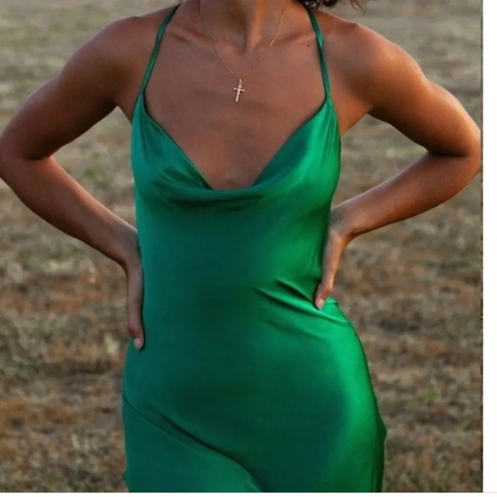 Rat & Boa Emerald Green Satin Slip Midi Dress Cowl Neck Open Back Wedding Guest - Picture 2 of 9